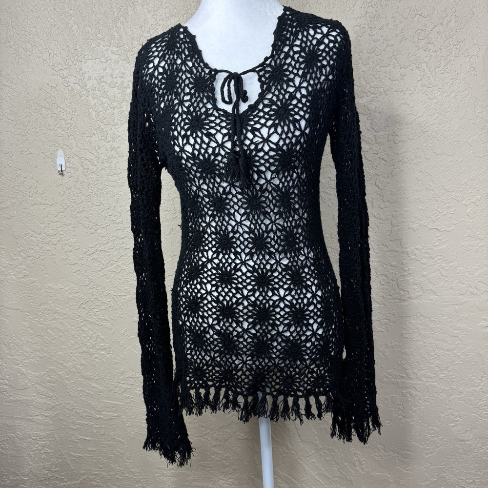 Vtg Y2K Whimsigoth Fairy Grunge Crochet Top Size L Boho Witchy Vamp Open Knit